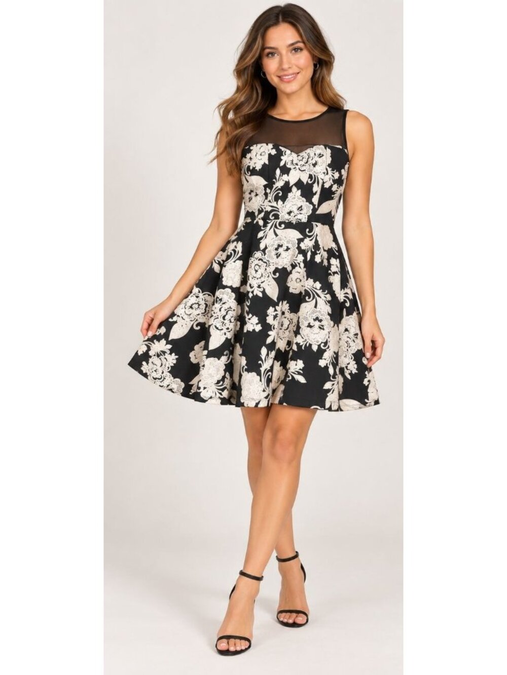 Trixxi M Black Ivory Pink Floral Fit Flare Dress Mesh Yoke Raised Applique